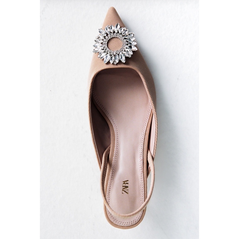 BNWT Zara Jewel Trim Kitten Heel Mules Beige - SZ 7.5